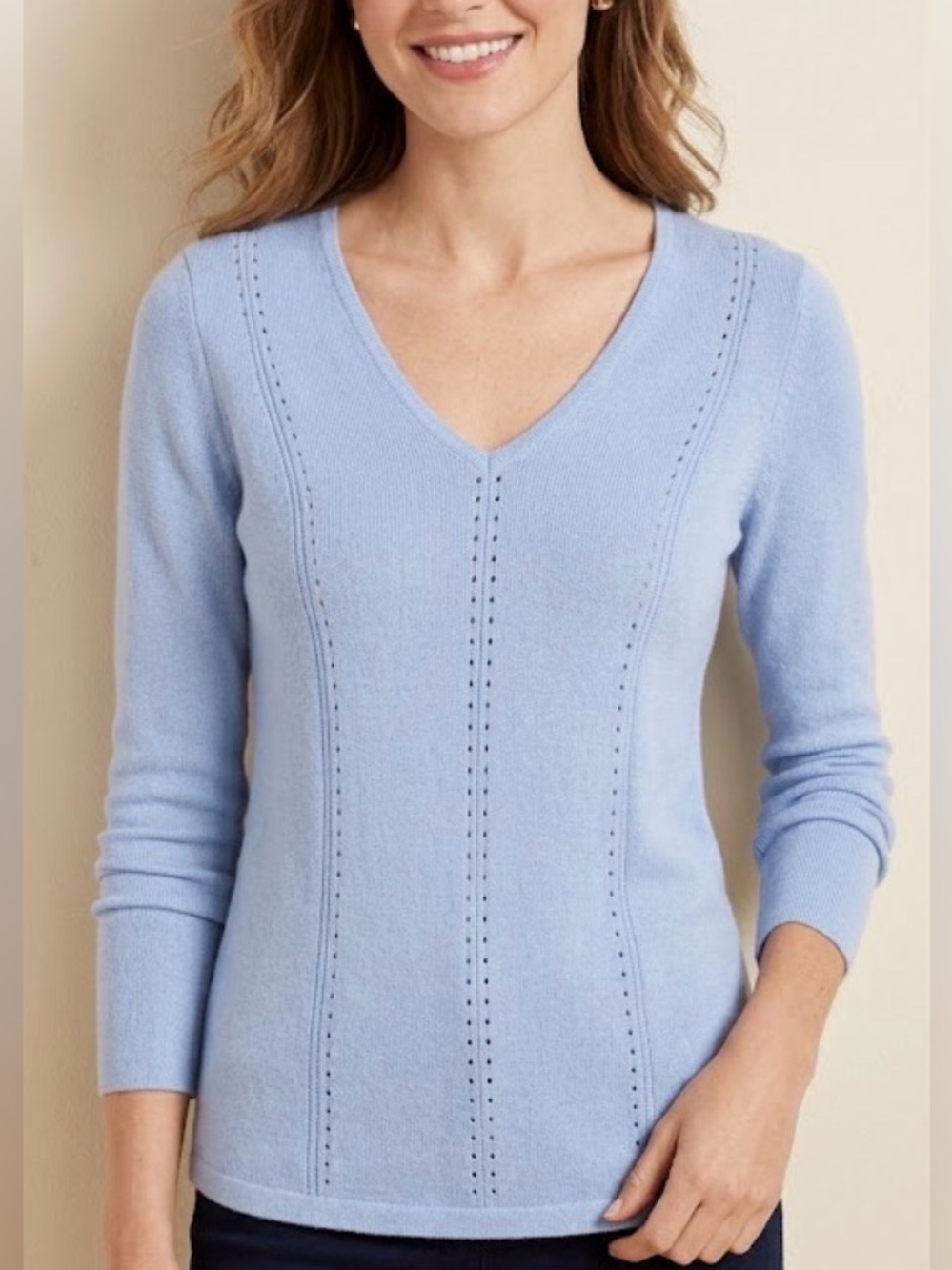 Talbots Pale Blue V-Neck Pointelle Knit Sweater XS Warm Cozy Coastal Cotton